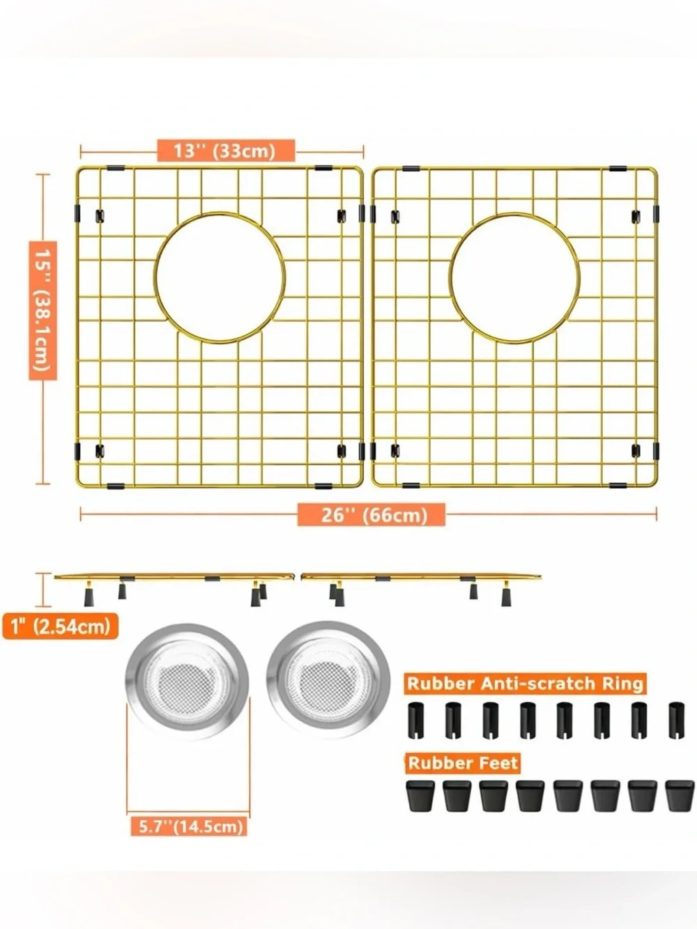 2 Pack Gold Kitchen Sink Bottom Grid Fit Right Angle Kitchen Sink, 15x13